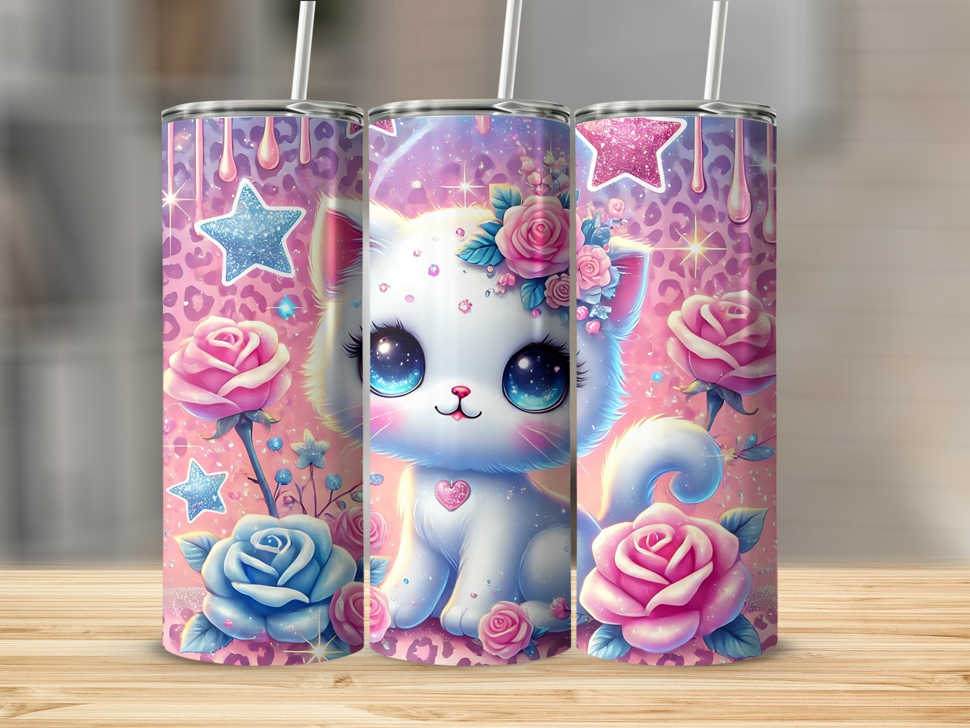 White kitten with pink roses and blue stars on a sparkling leopard print tumbler.