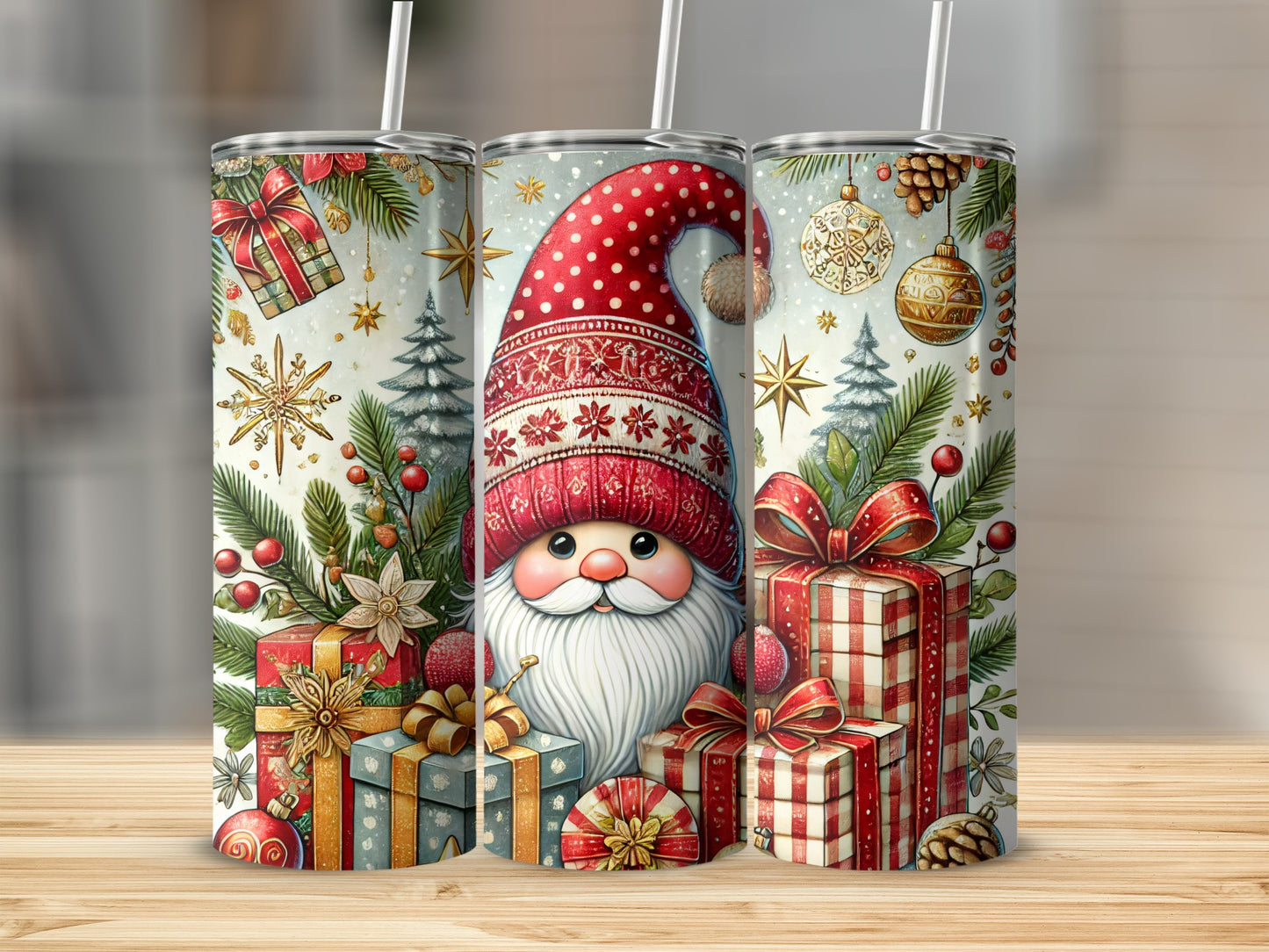 Christmas gnome with presents, ornaments, and pine trees.