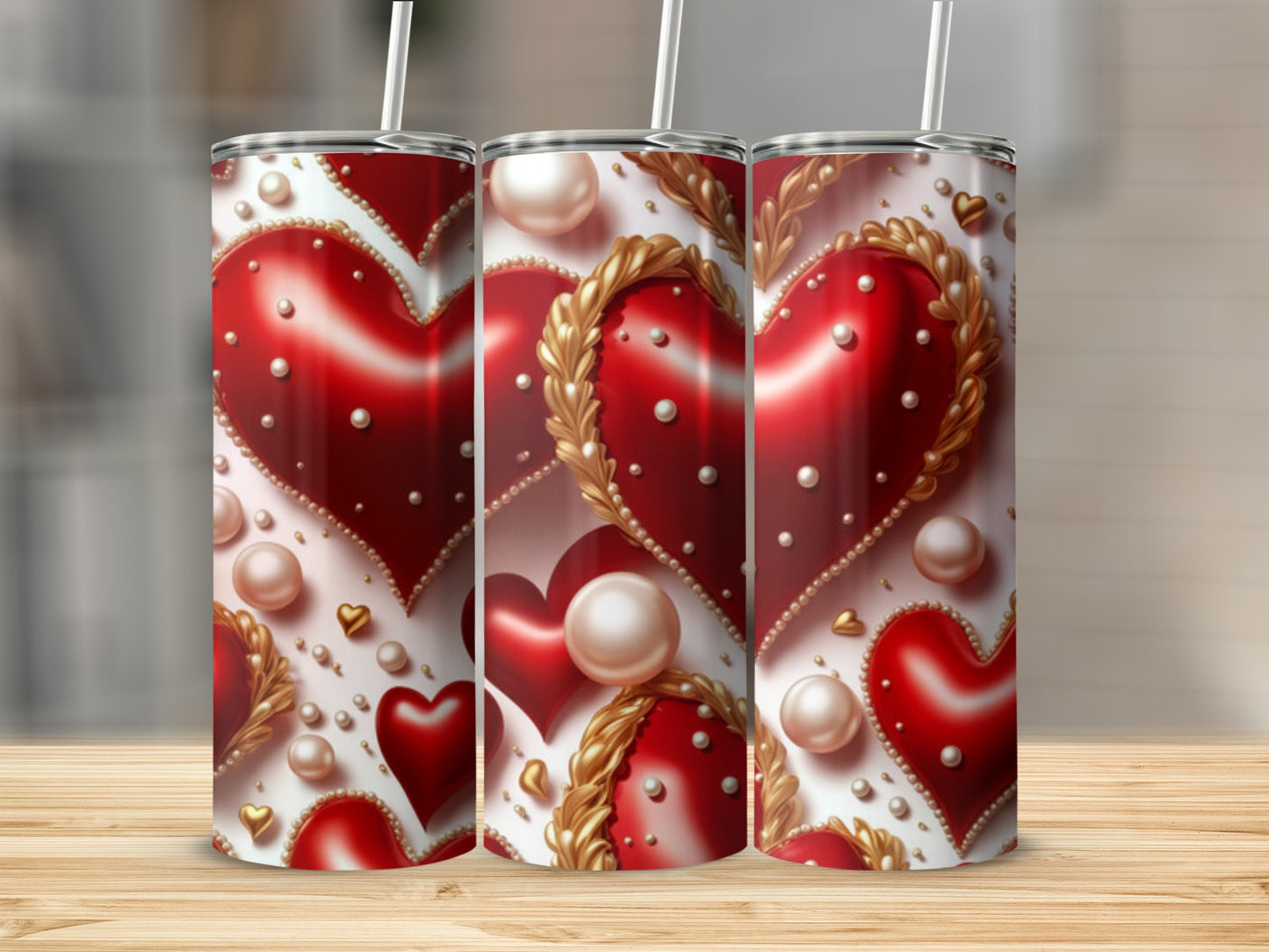 Red hearts and pearls on a white tumbler, with gold trim accents.