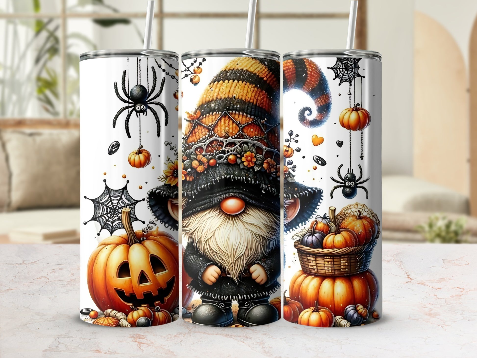 Halloween Gnome and Pumpkin Themed Tumbler Cups