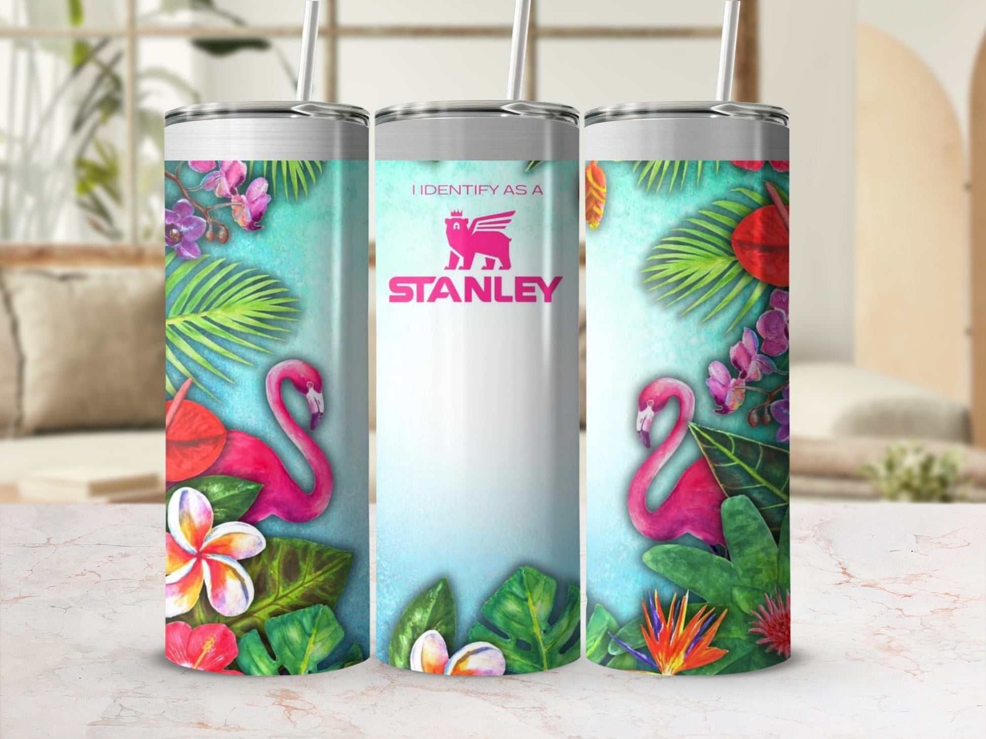 Pink Flamingo and Tropical Leaves Insulated Tumbler