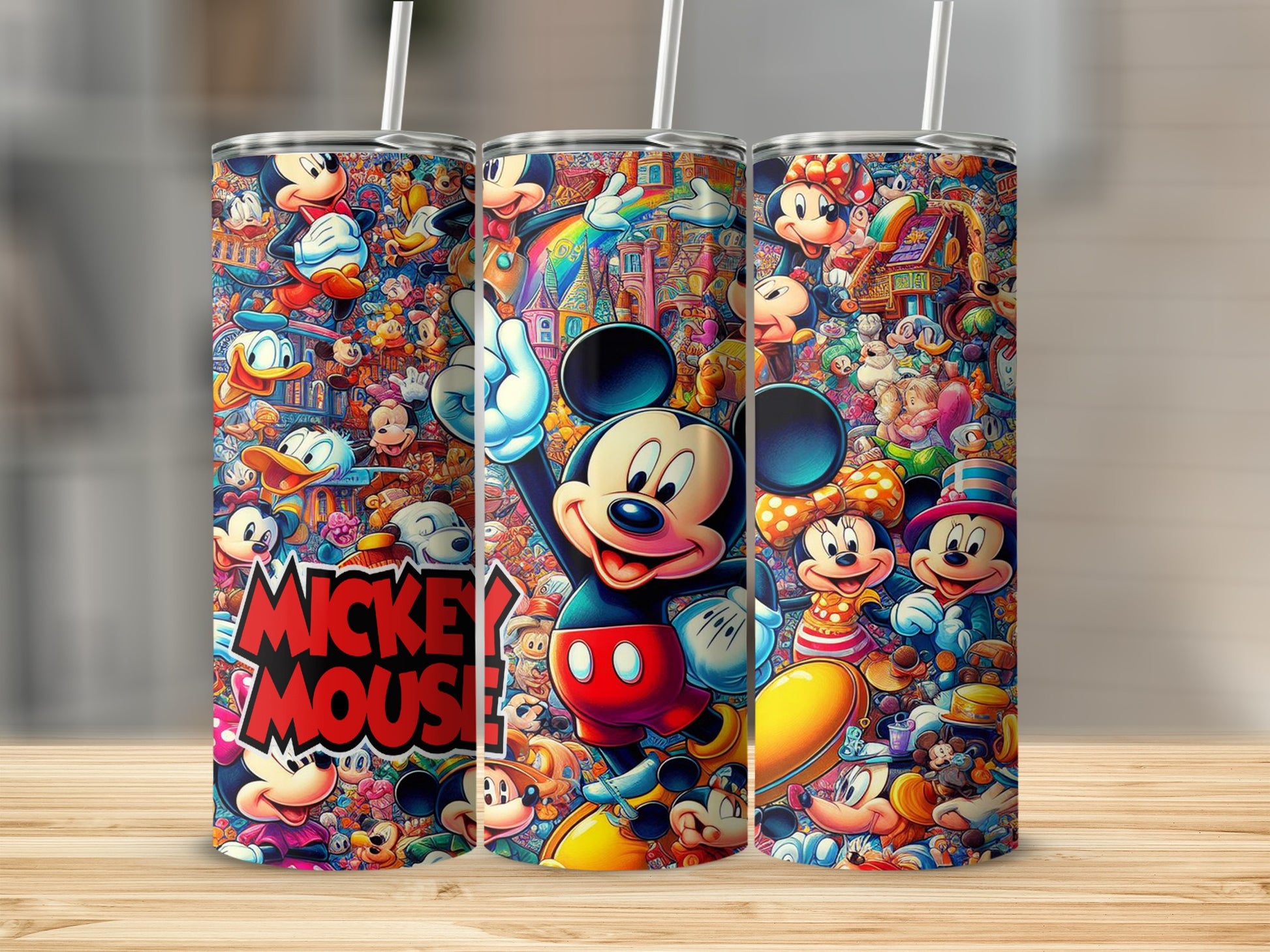Mickey Mouse and friends cartoon collage on three travel tumblers.
