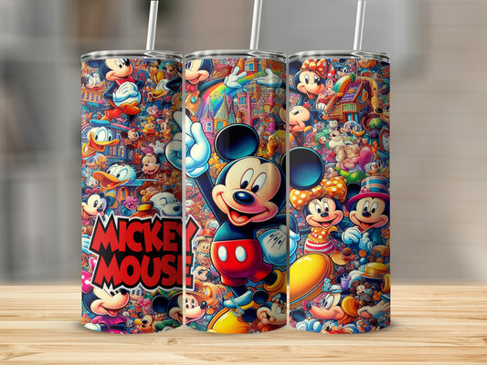 Mickey Mouse and friends cartoon collage on three travel tumblers.