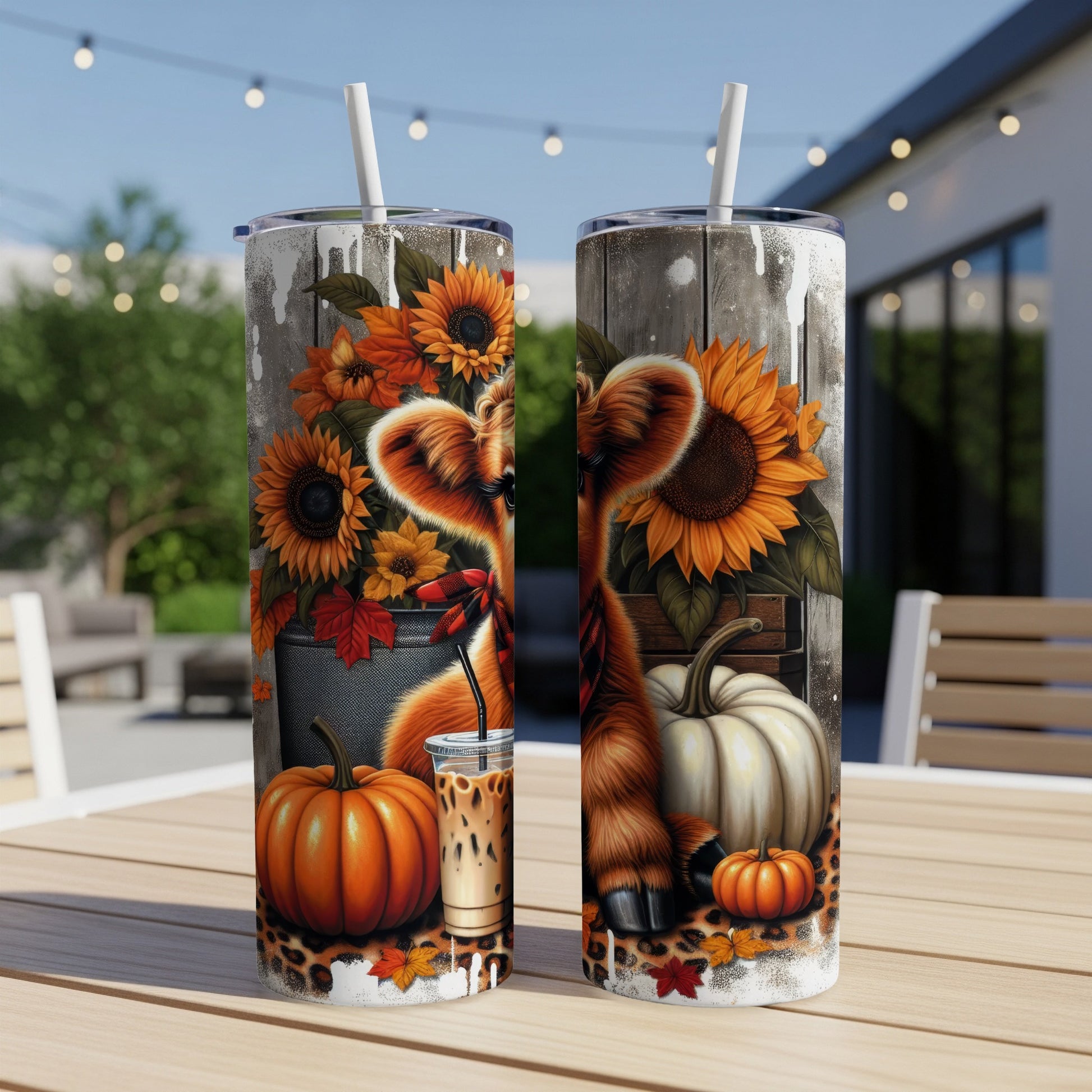 Two tumblers featuring a cow, sunflowers, pumpkins, and fall leaves.