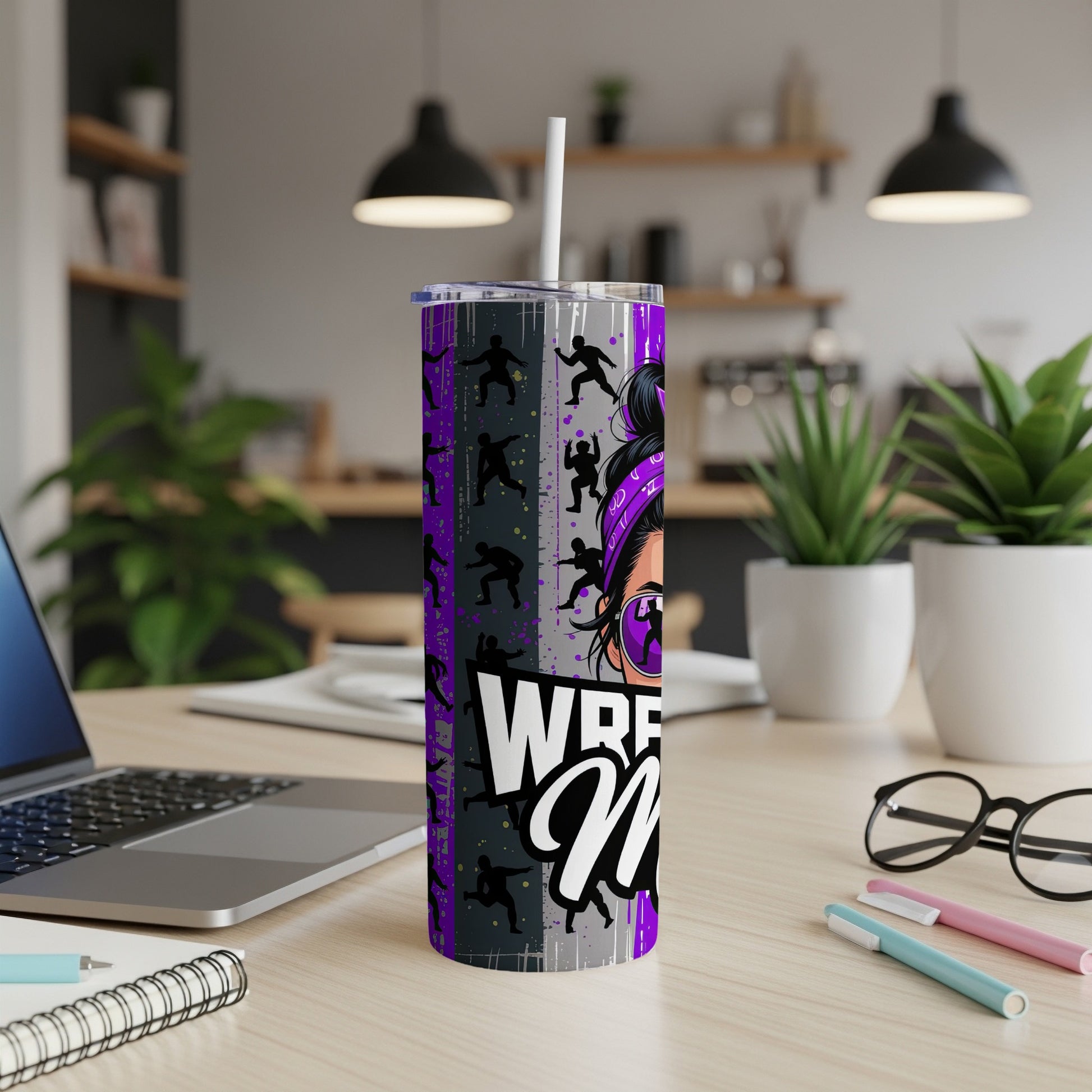 Purple tumbler with wrestling silhouettes and "Wrestling Mom" text.