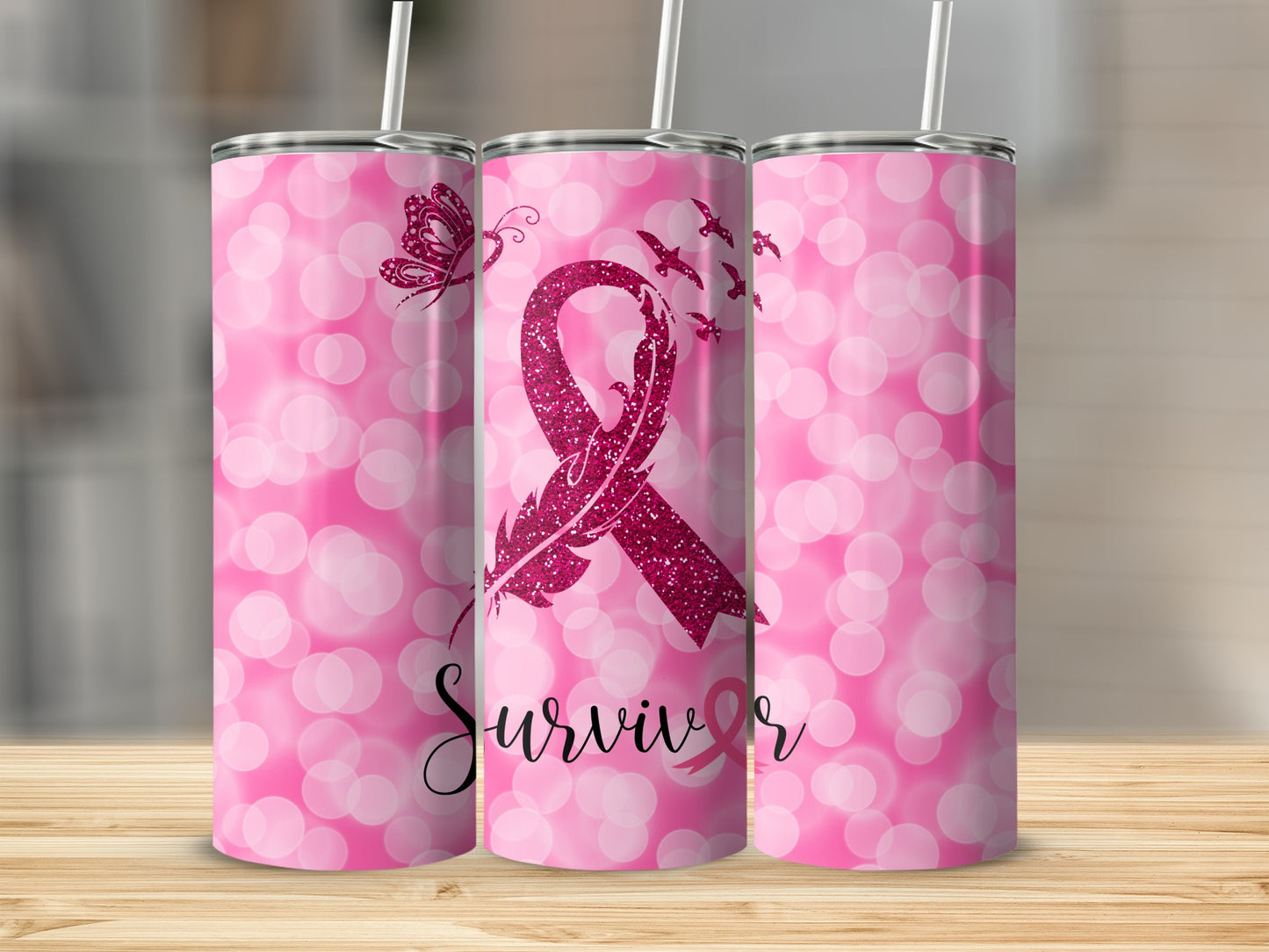 Pink glitter "Survivor" tumbler with butterfly and birds on bokeh background.