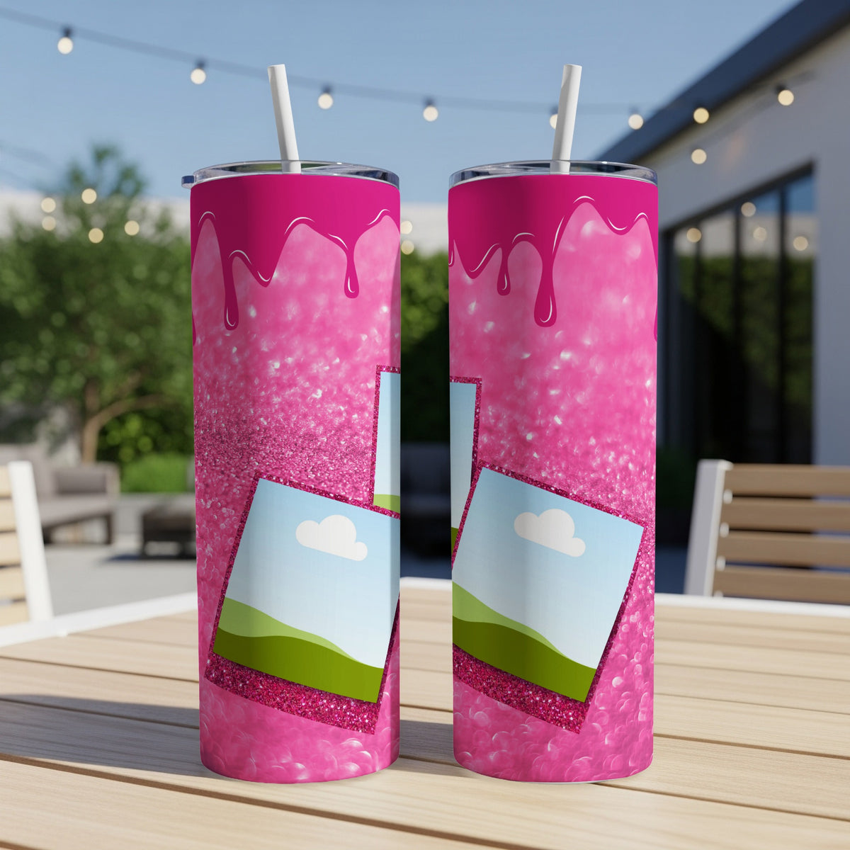 Pink glitter tumblers with dripping paint design and photo frame graphics.