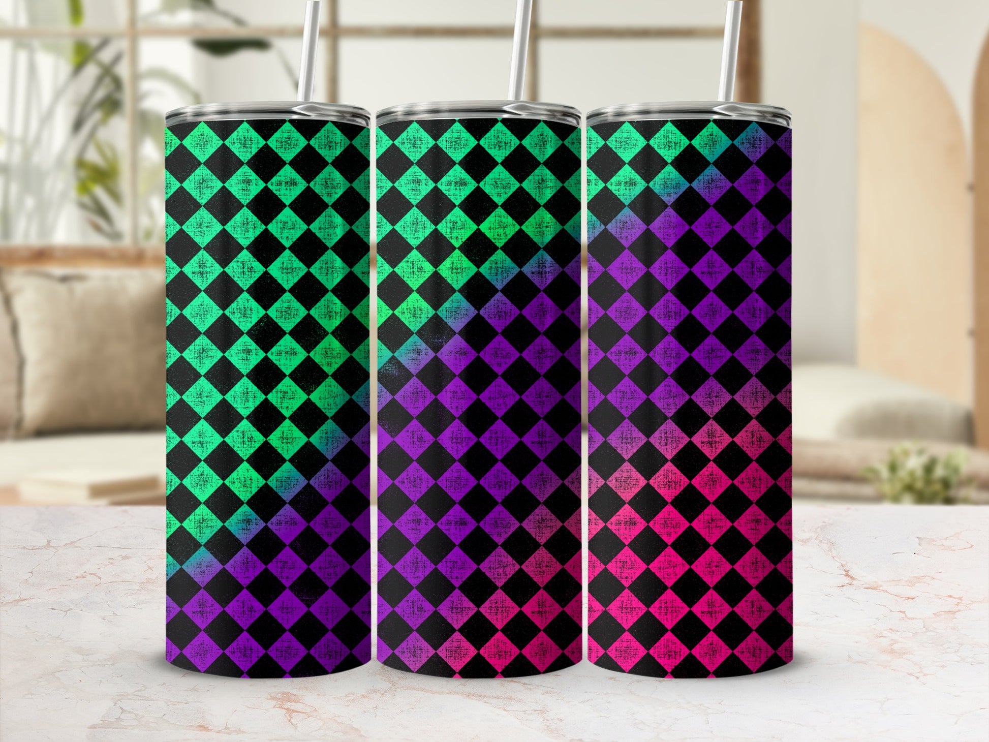 Three tumblers with a repeating diamond pattern of neon green, purple, and pink.