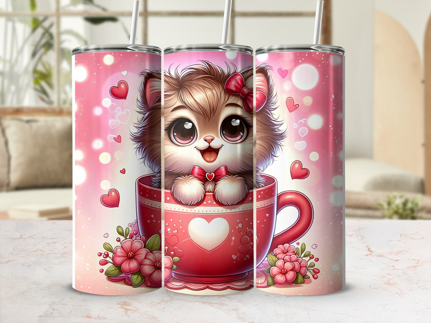 Cute puppy in a red teacup with hearts and flowers.
