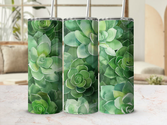 Green succulent plant pattern on three tumblers with straws.