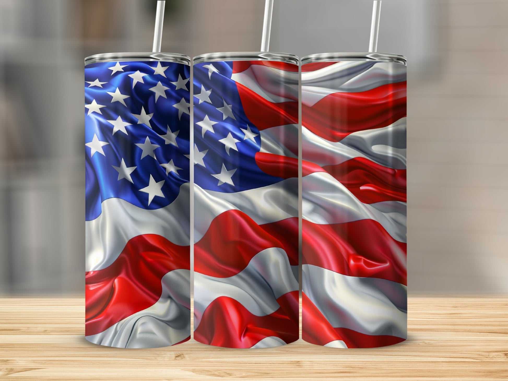 Three tumblers featuring a rippling American flag design.