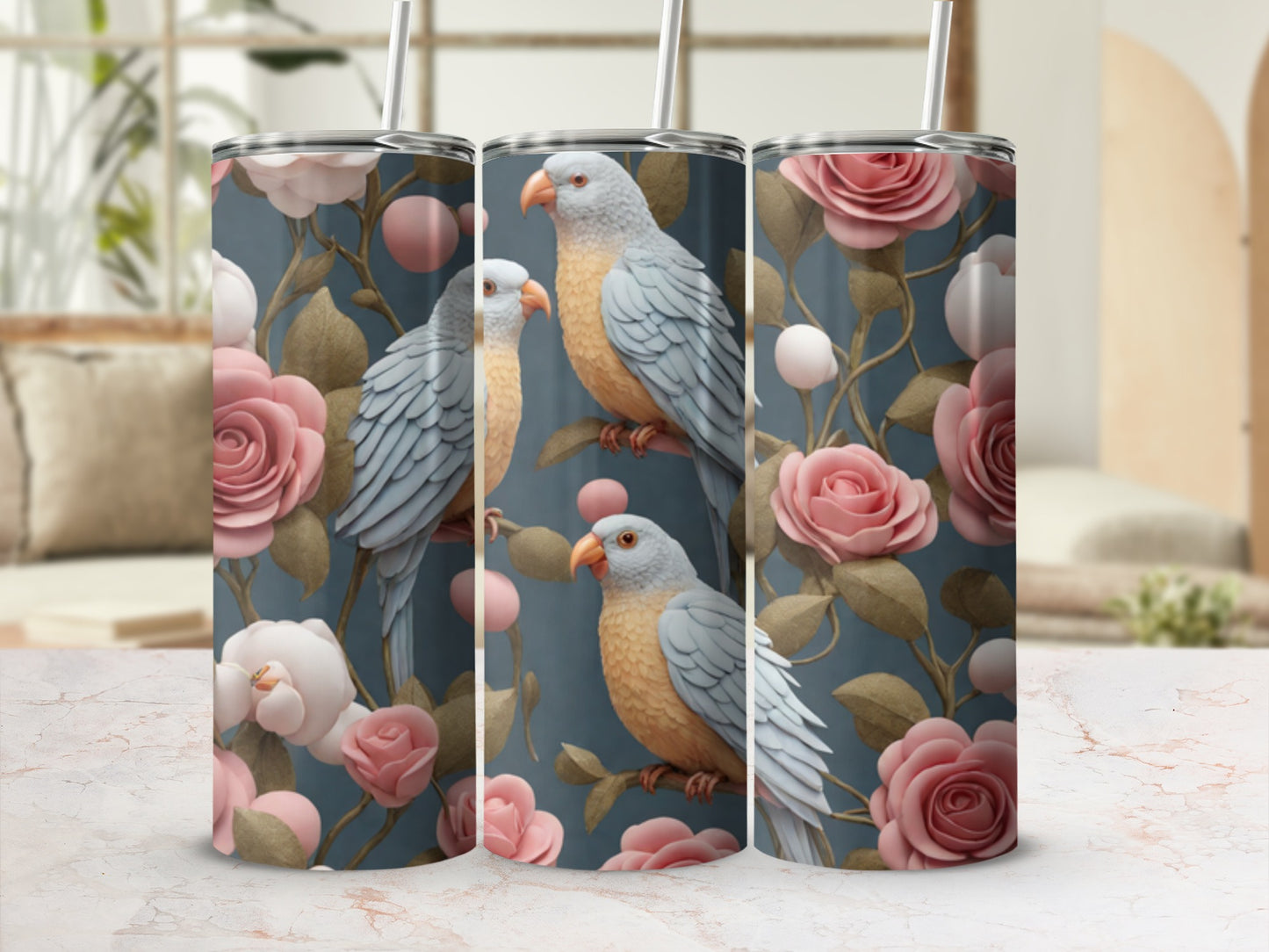 Gray and yellow parrots among pink roses on a dark blue background.
