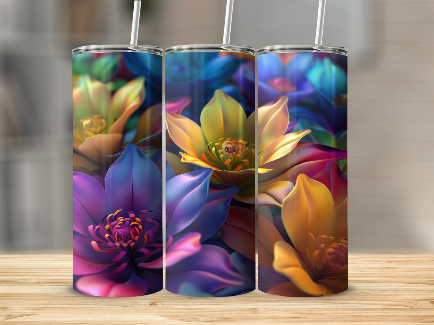 Three tumblers with vibrant, abstract floral designs on a wooden surface.