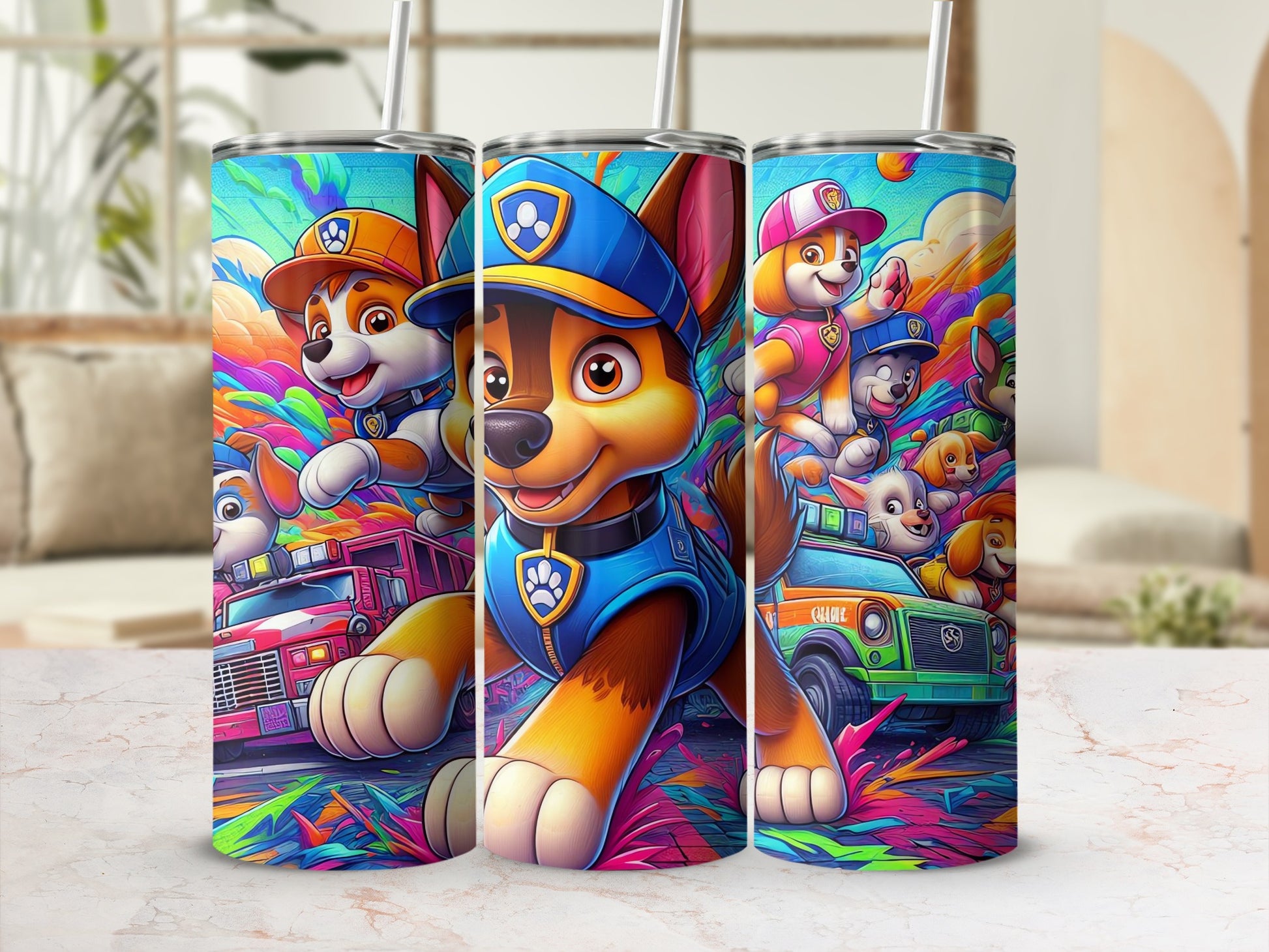Colorful Pups and Fire Trucks Design Tumbler