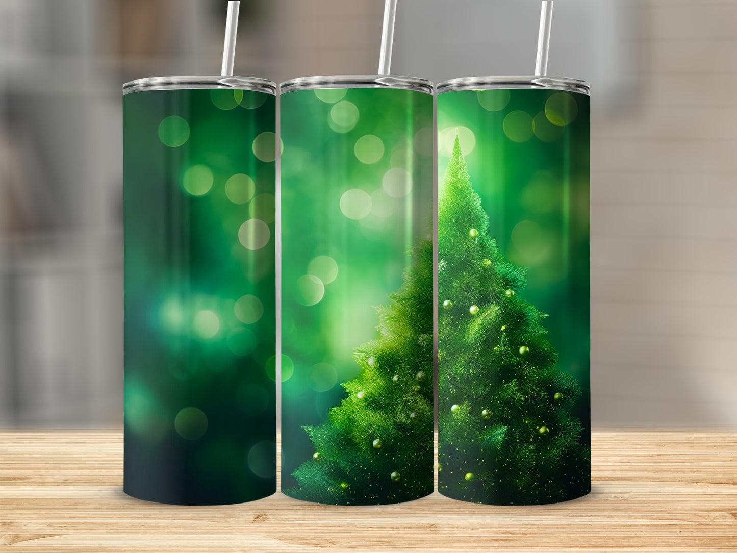 Festive Green Christmas Tree Design Tumbler Cup