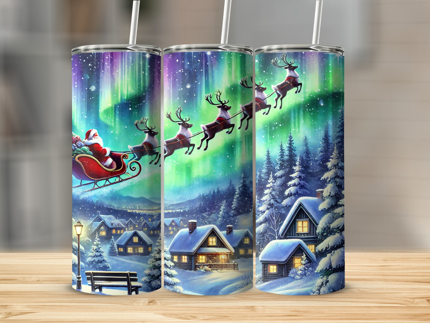 Santa and Reindeer Flying Over Winter Village Tumbler