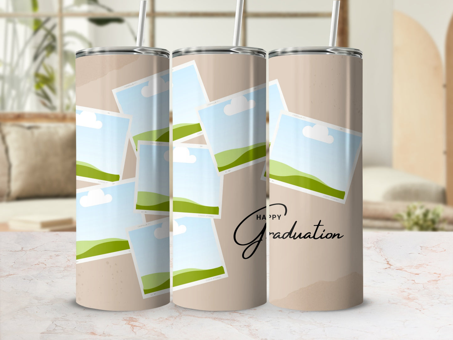 Tumblers with scattered photo frames and "Happy Graduation" text.