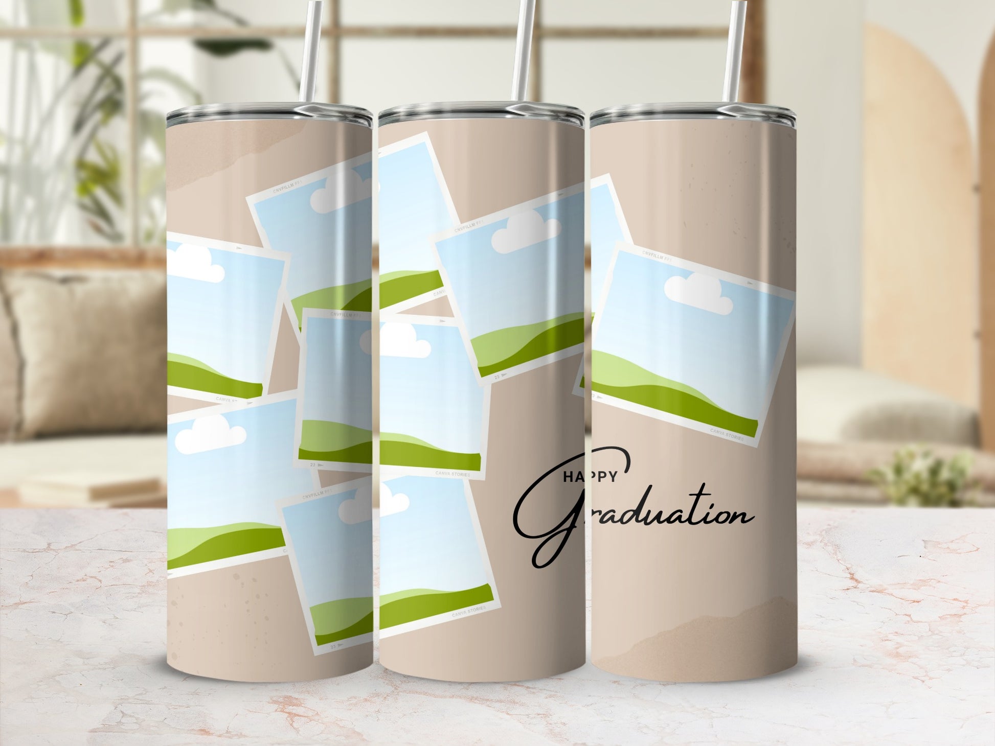 Tumblers with scattered photo frames and "Happy Graduation" text.