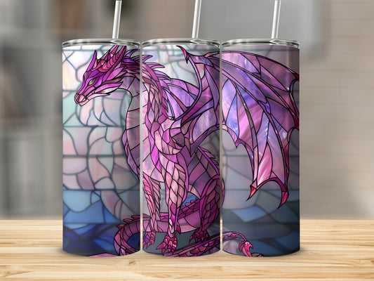 Pink stained glass dragon design on a tumbler with a straw.