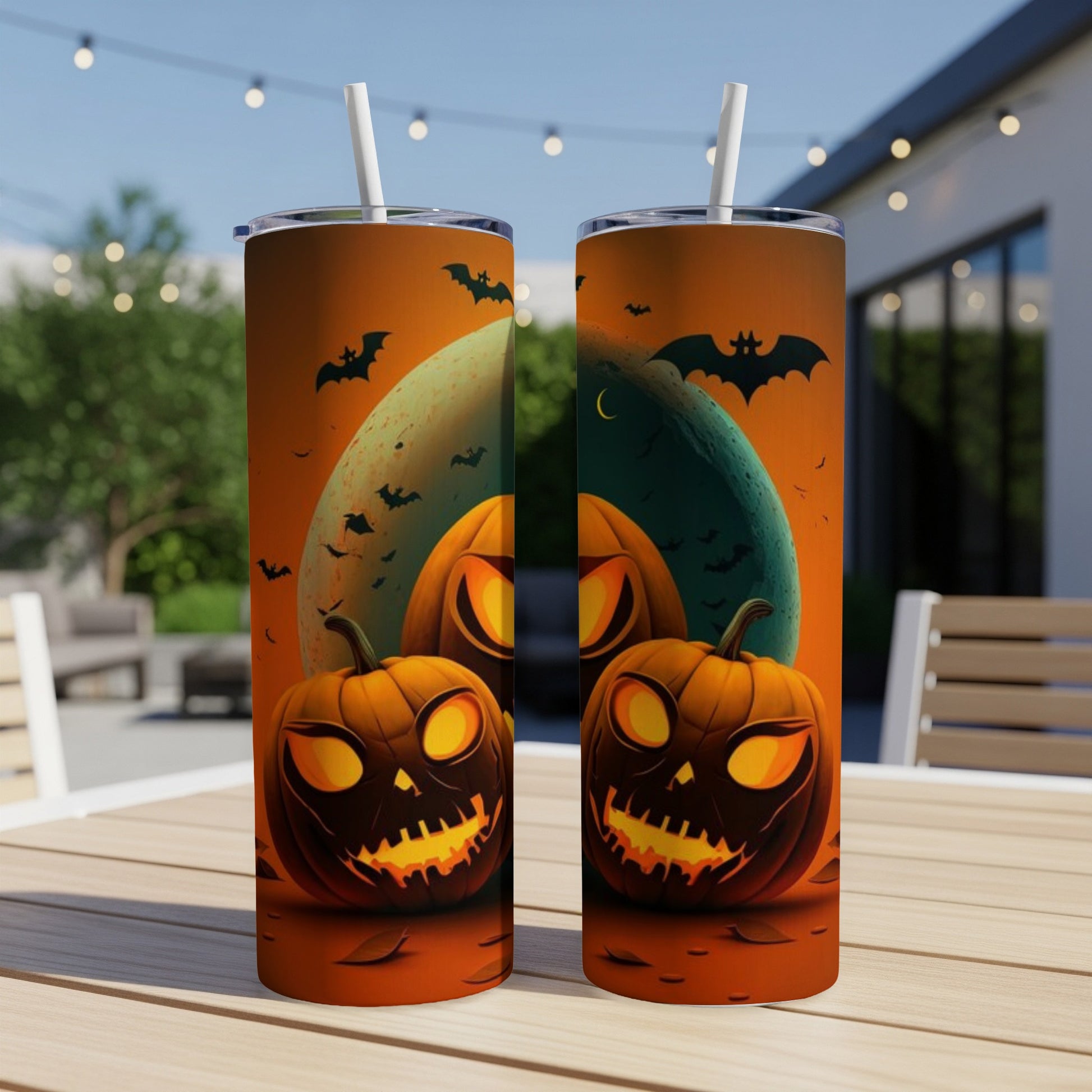 Two tumblers featuring spooky jack-o'-lanterns, bats, and a crescent moon.