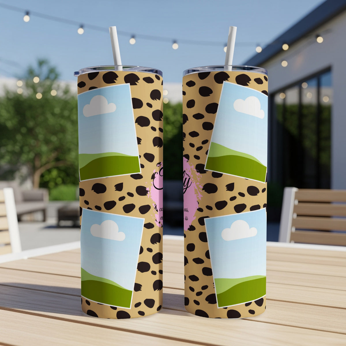 Two tumblers with leopard print, landscape photos, and pink text saying "Emily".