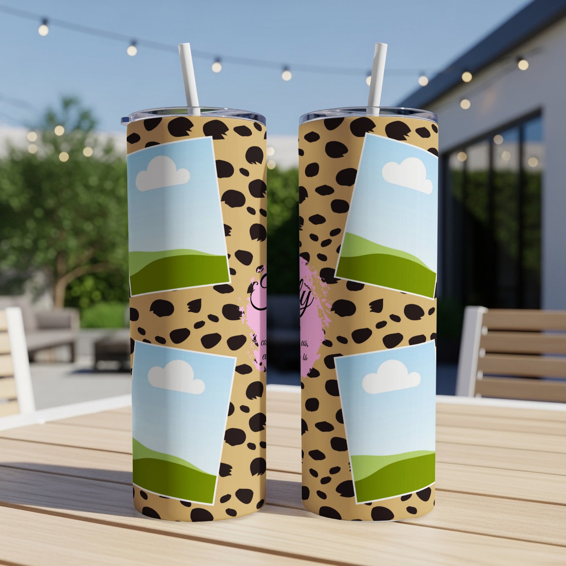 Two tumblers with leopard print, landscape photos, and pink text saying "Emily".