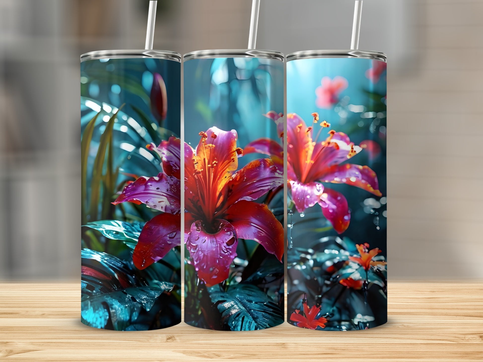 Three tumblers featuring vibrant red lilies with dew drops on a dark, tropical background.