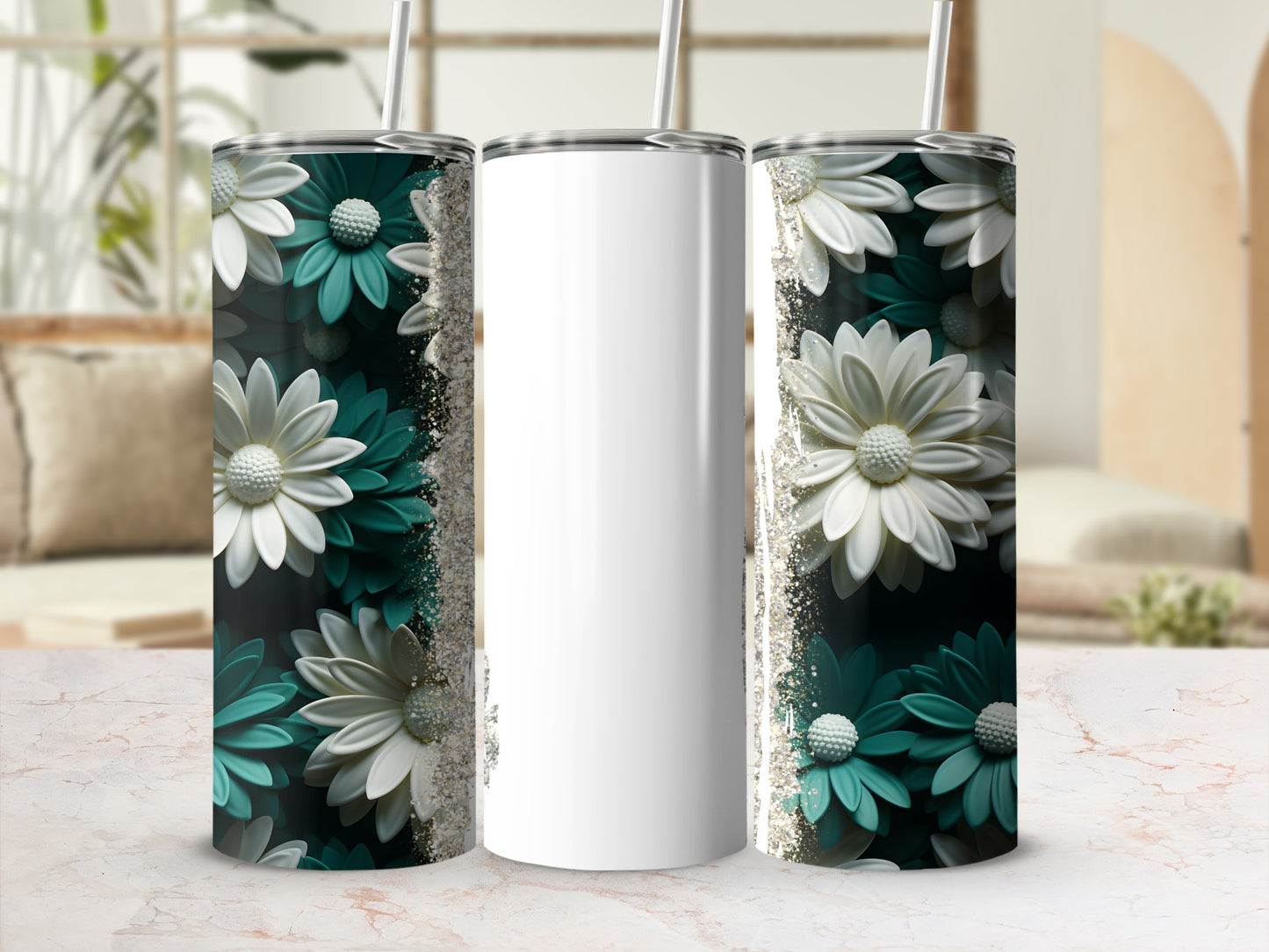 White tumbler with teal and white floral design.
