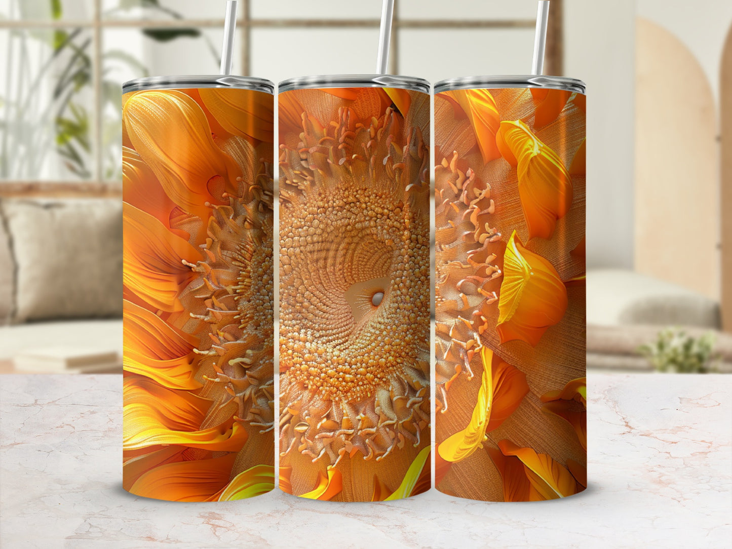 Three tall tumblers with a close-up sunflower design.