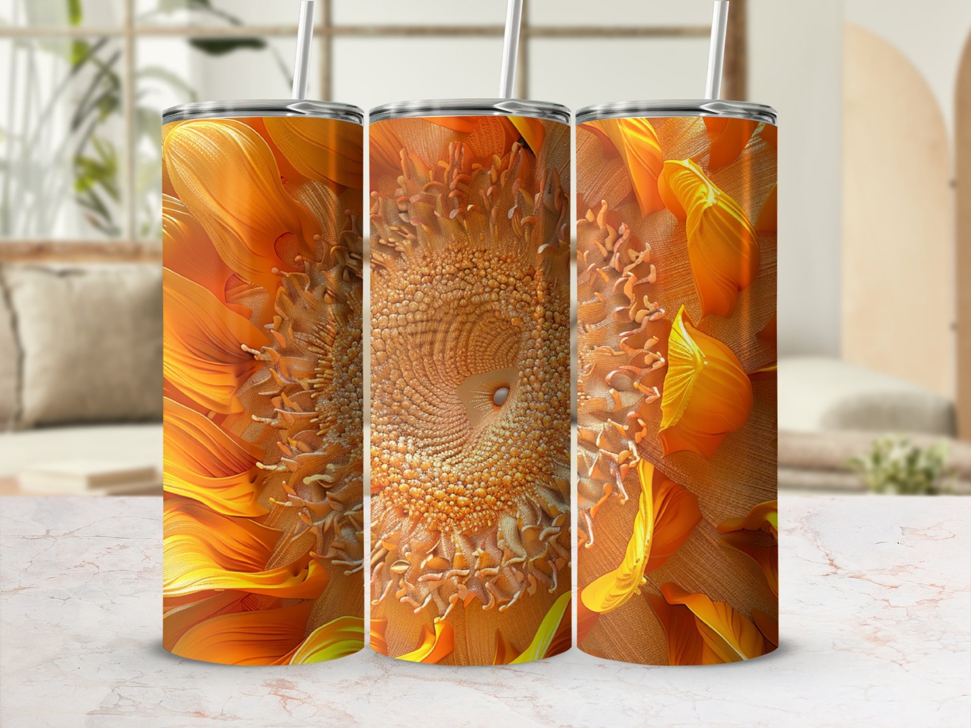 Three tall tumblers with a close-up sunflower design.