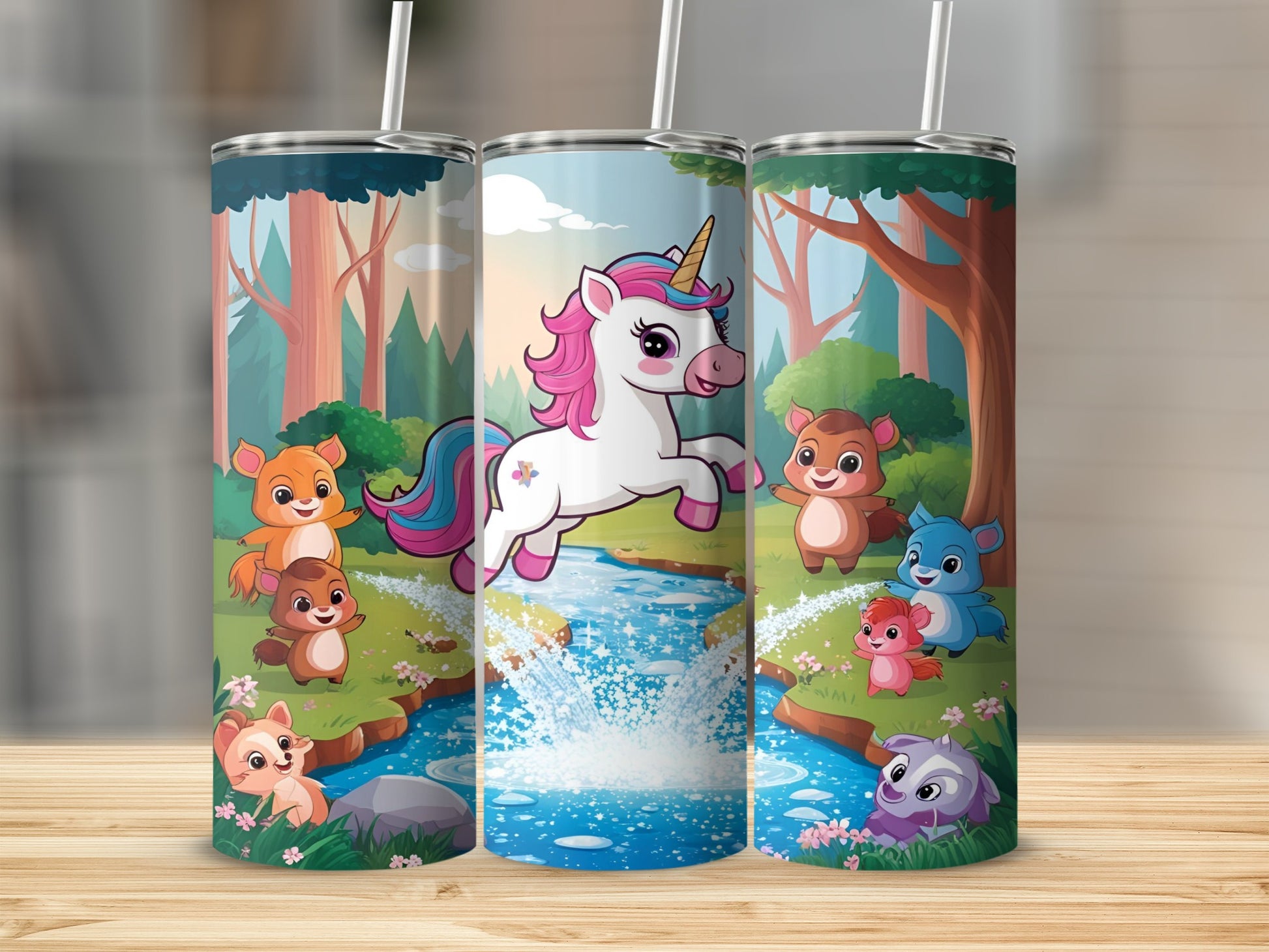 Unicorn jumping over stream with forest animals, cartoon style.