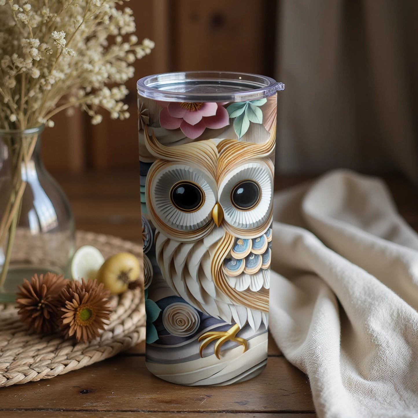 Elegant Owl Insulated Tumbler with Floral Design