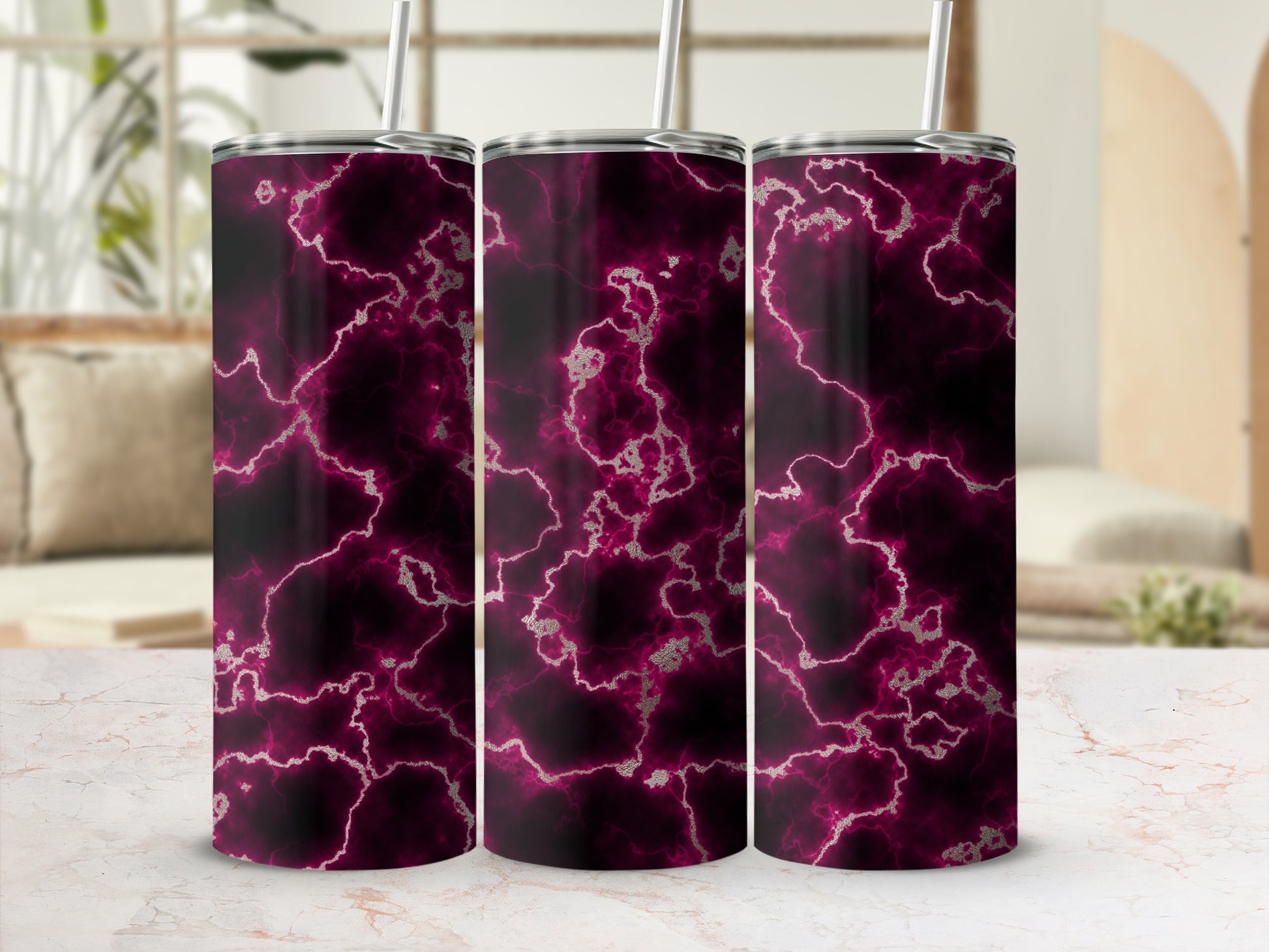 Three tumblers with dark purple and silver marble pattern.