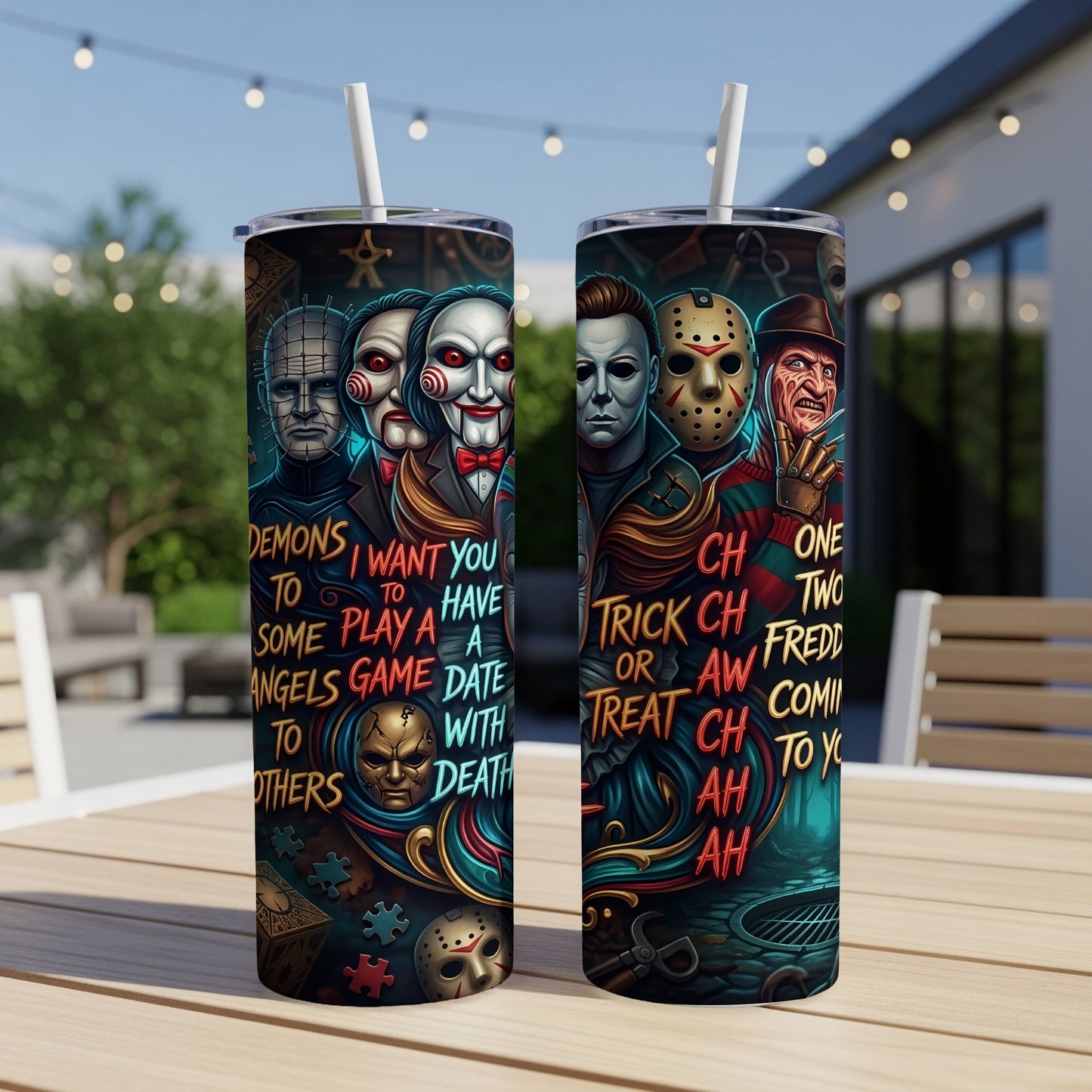 Tumblers featuring horror movie villains with text "Demons To Some, Play A Game With Death"