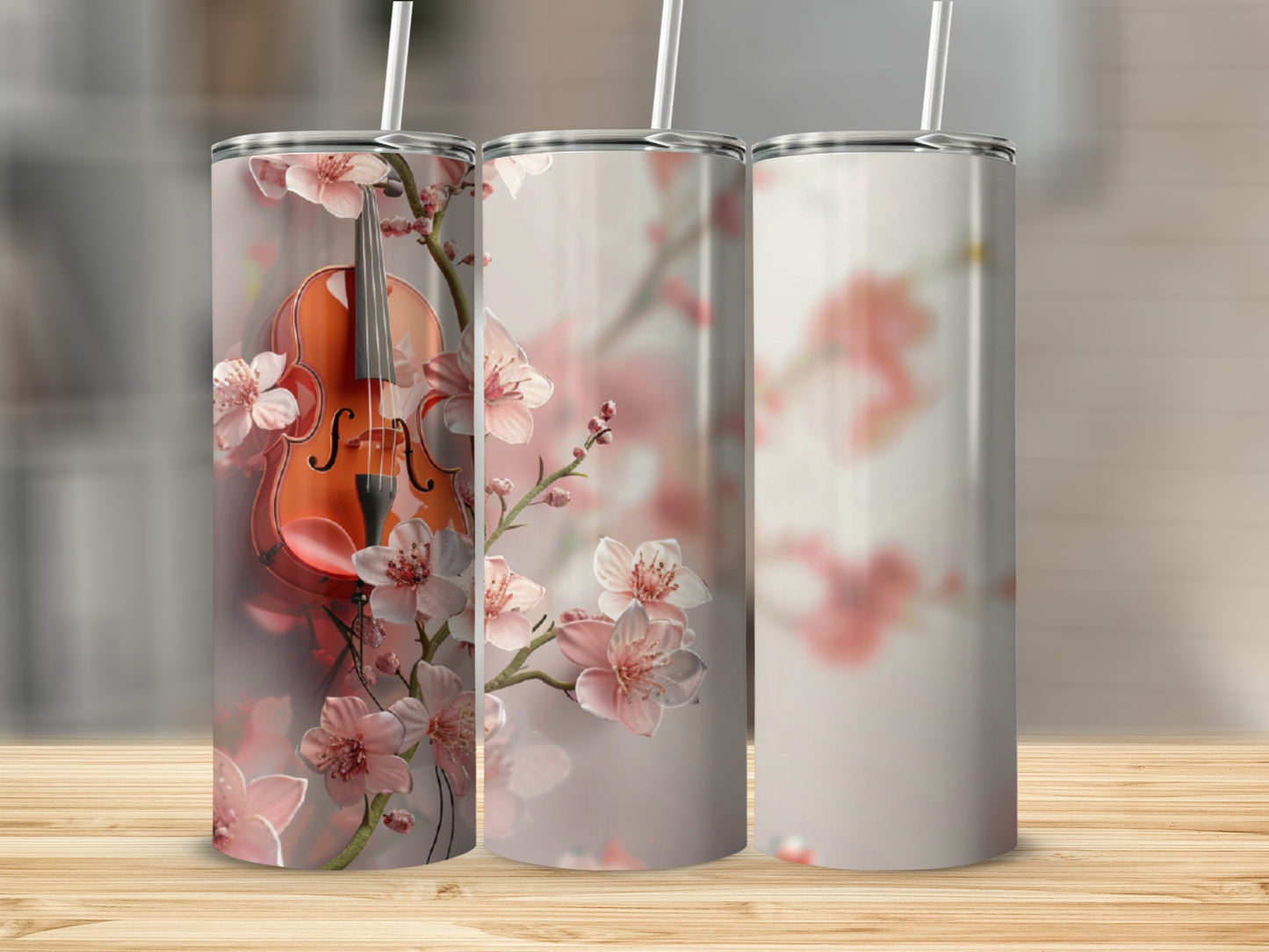 Violin with cherry blossoms on a sublimation tumbler design.