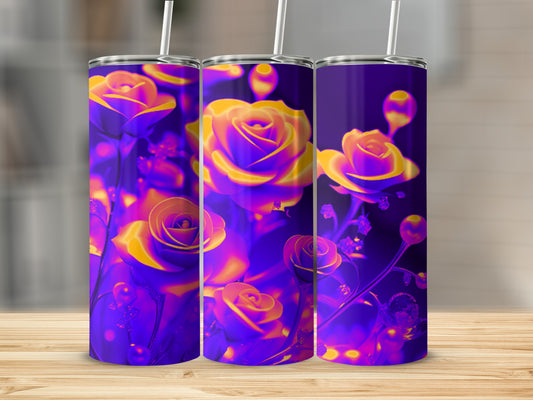 Three tumblers with a vibrant purple and yellow rose floral design.