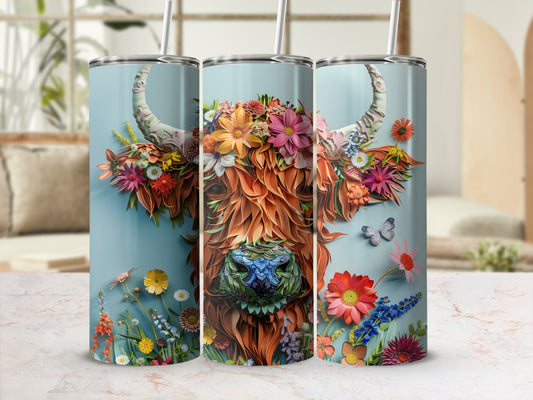 Highland cow with floral headdress and butterfly, surrounded by flowers.
