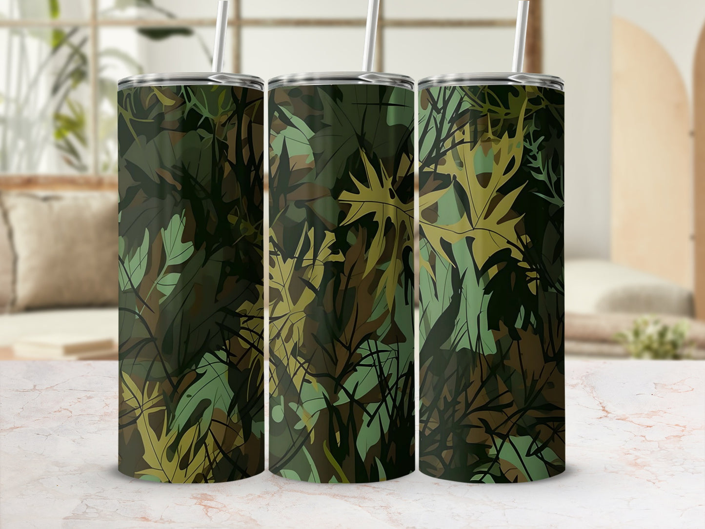Green Camouflage Patterned Drink Tumbler with Straw
