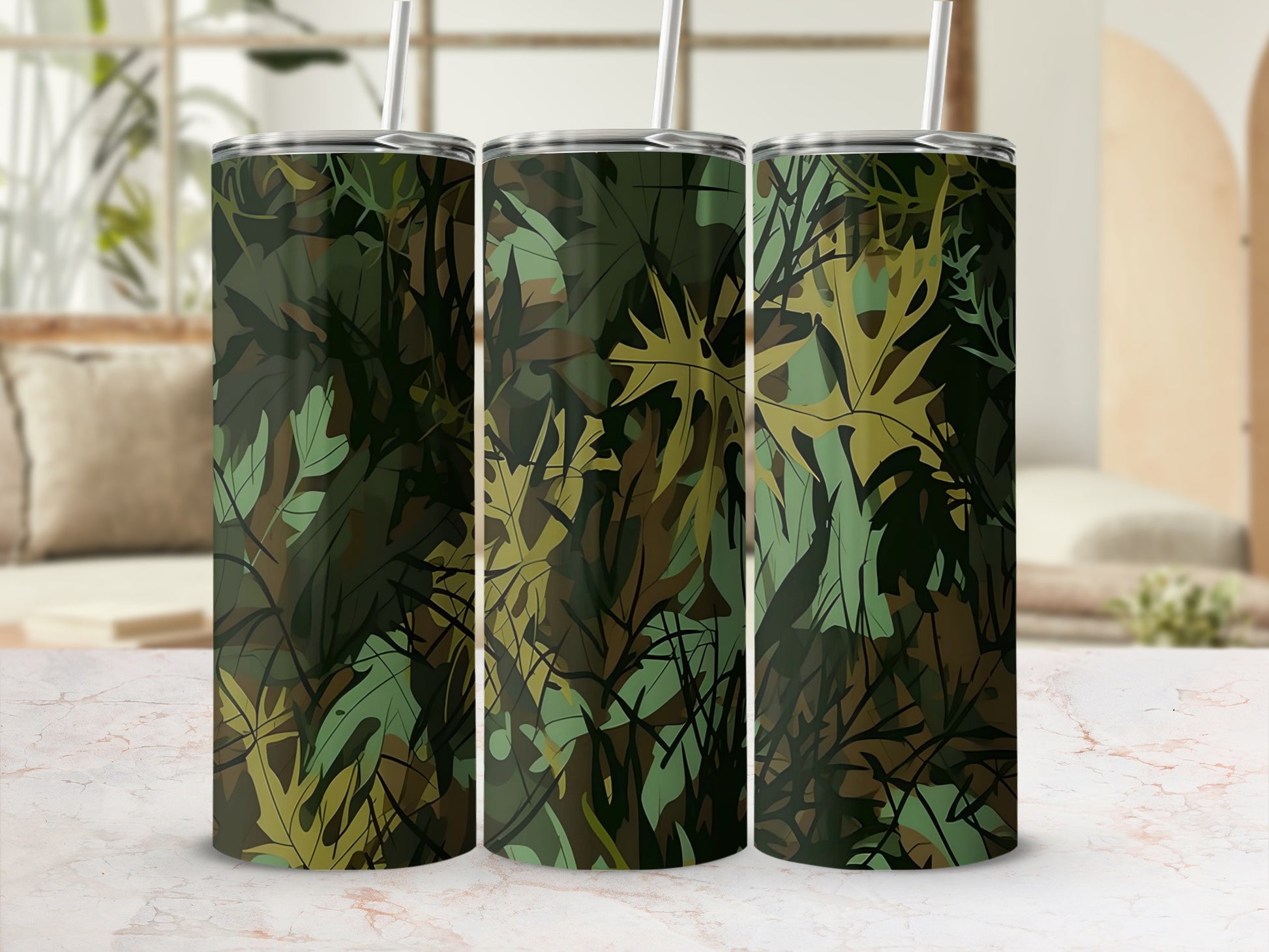 Green Camouflage Patterned Drink Tumbler with Straw