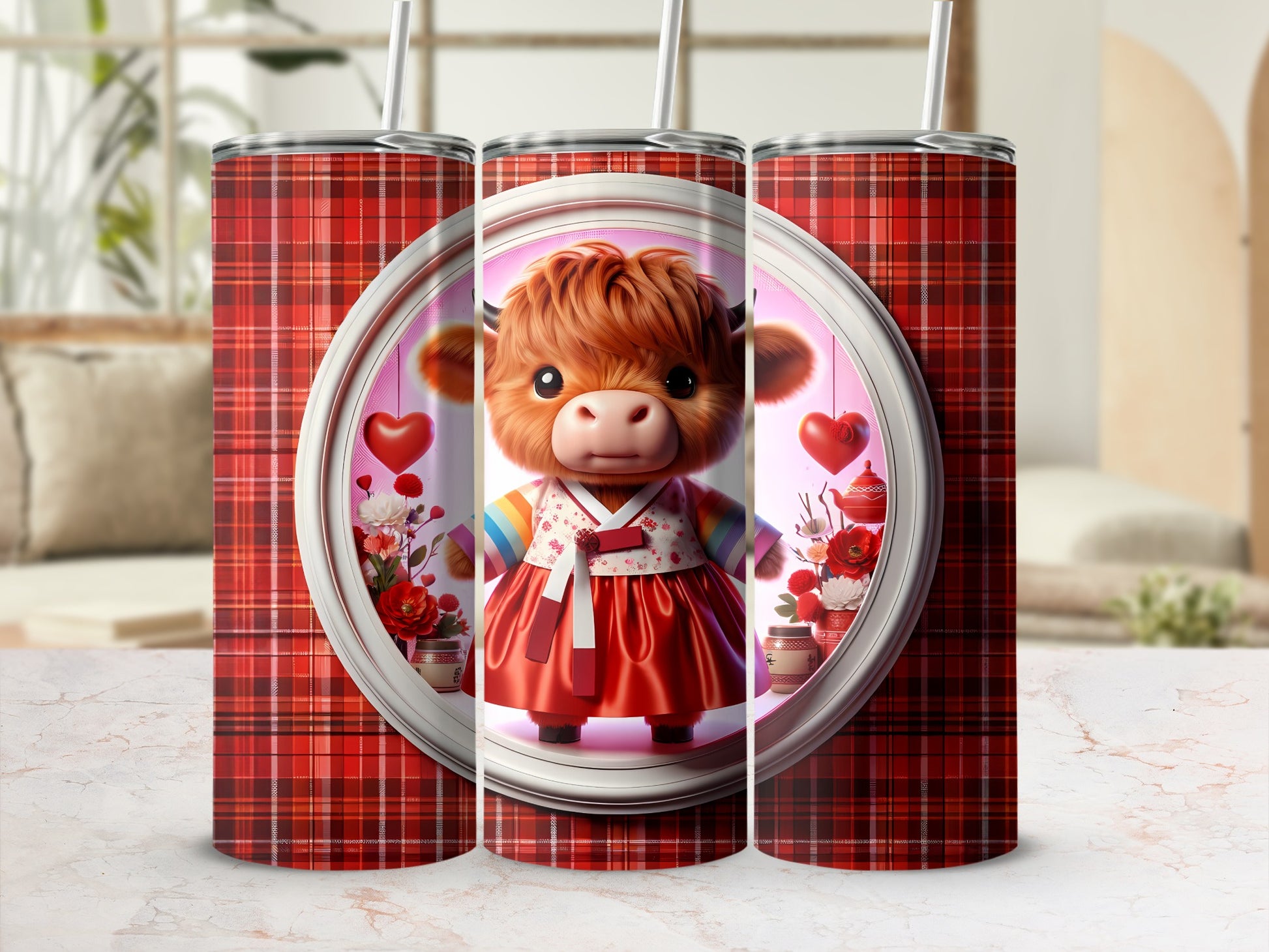 Cute cartoon Highland cow in a traditional Korean dress with heart accents.
