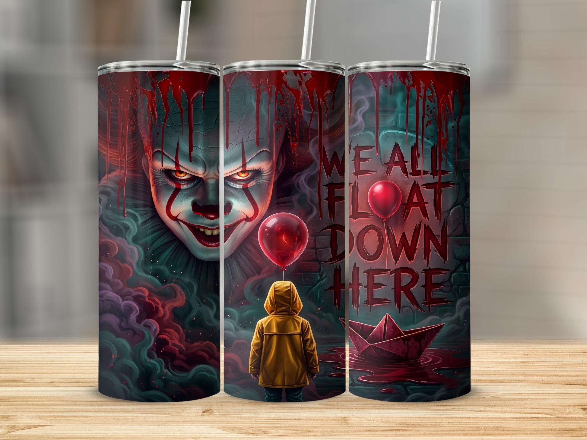 Creepy clown with red balloon and "We all float down here" text.
