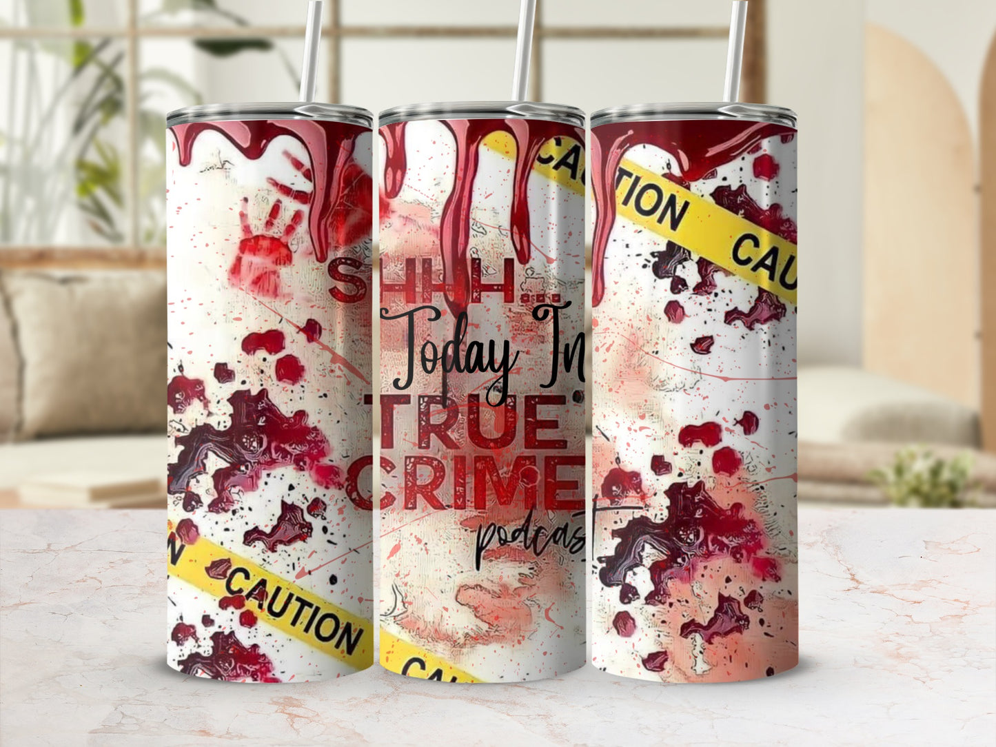 True Crime Podcast Design Tumbler with Caution Tape Theme