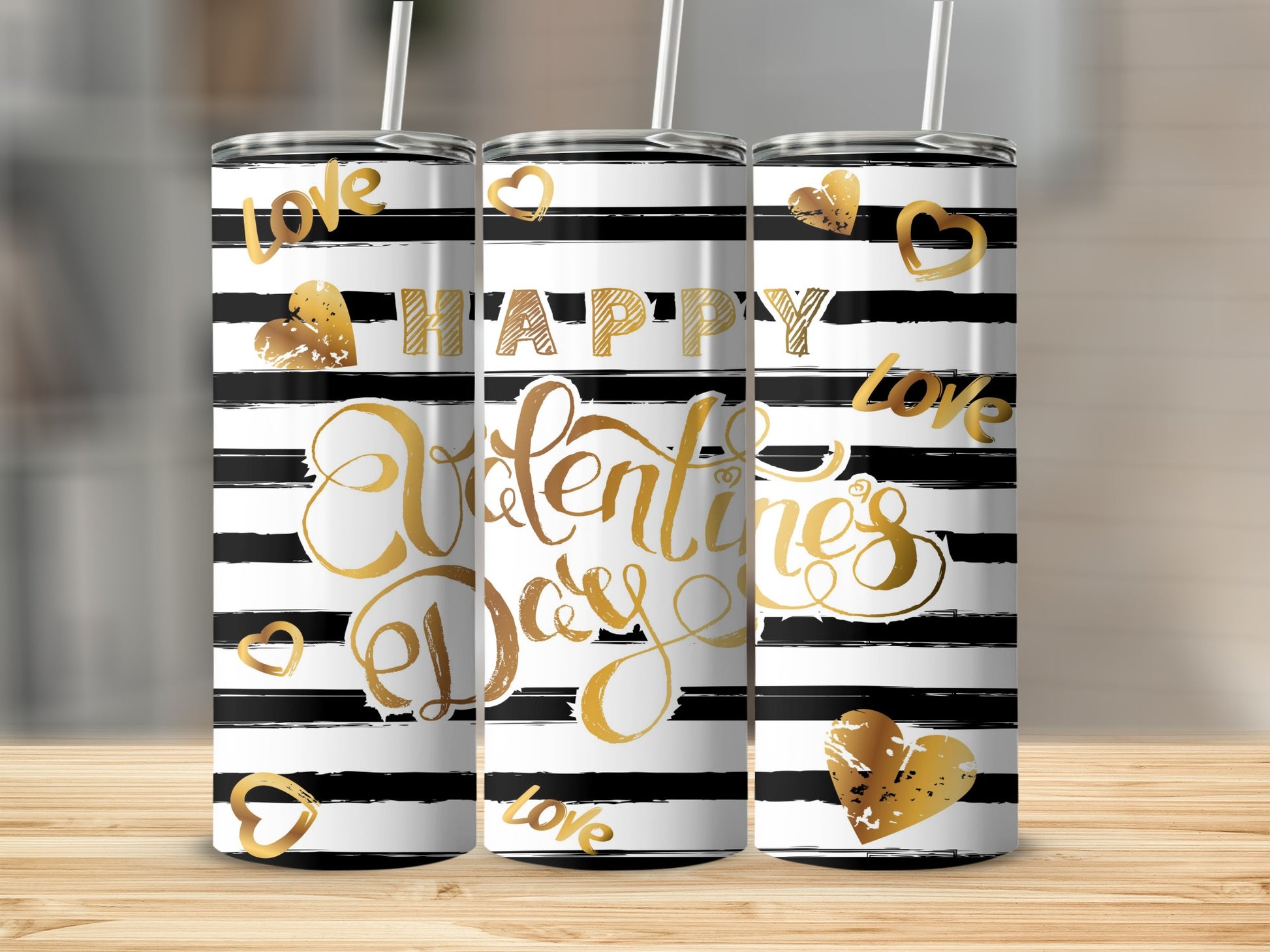 Happy Valentines Day Striped Gold Hearts Love tumbler