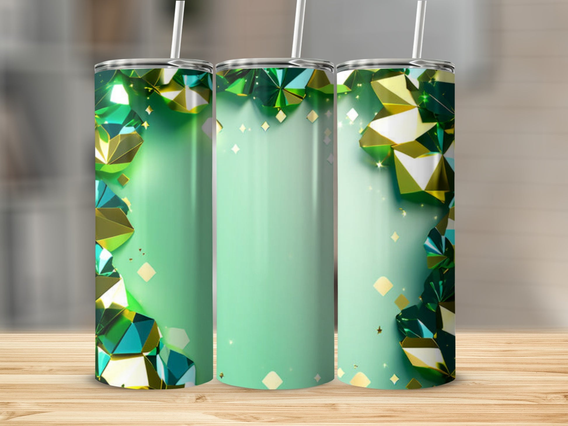 Green tumbler with emerald and gold gem accents.