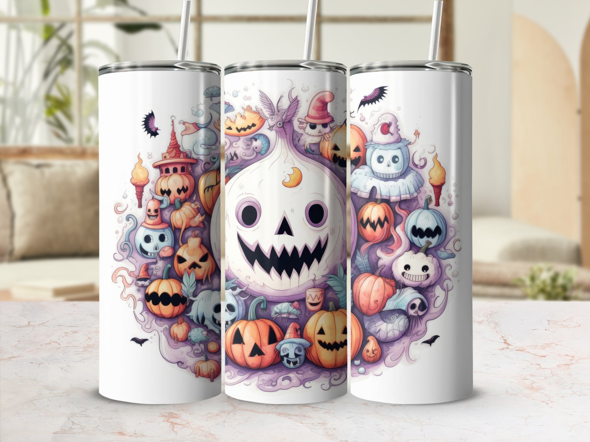 Tumblers with watercolor Halloween motifs featuring pumpkins, ghosts, bats, and a large jack-o'-lantern.