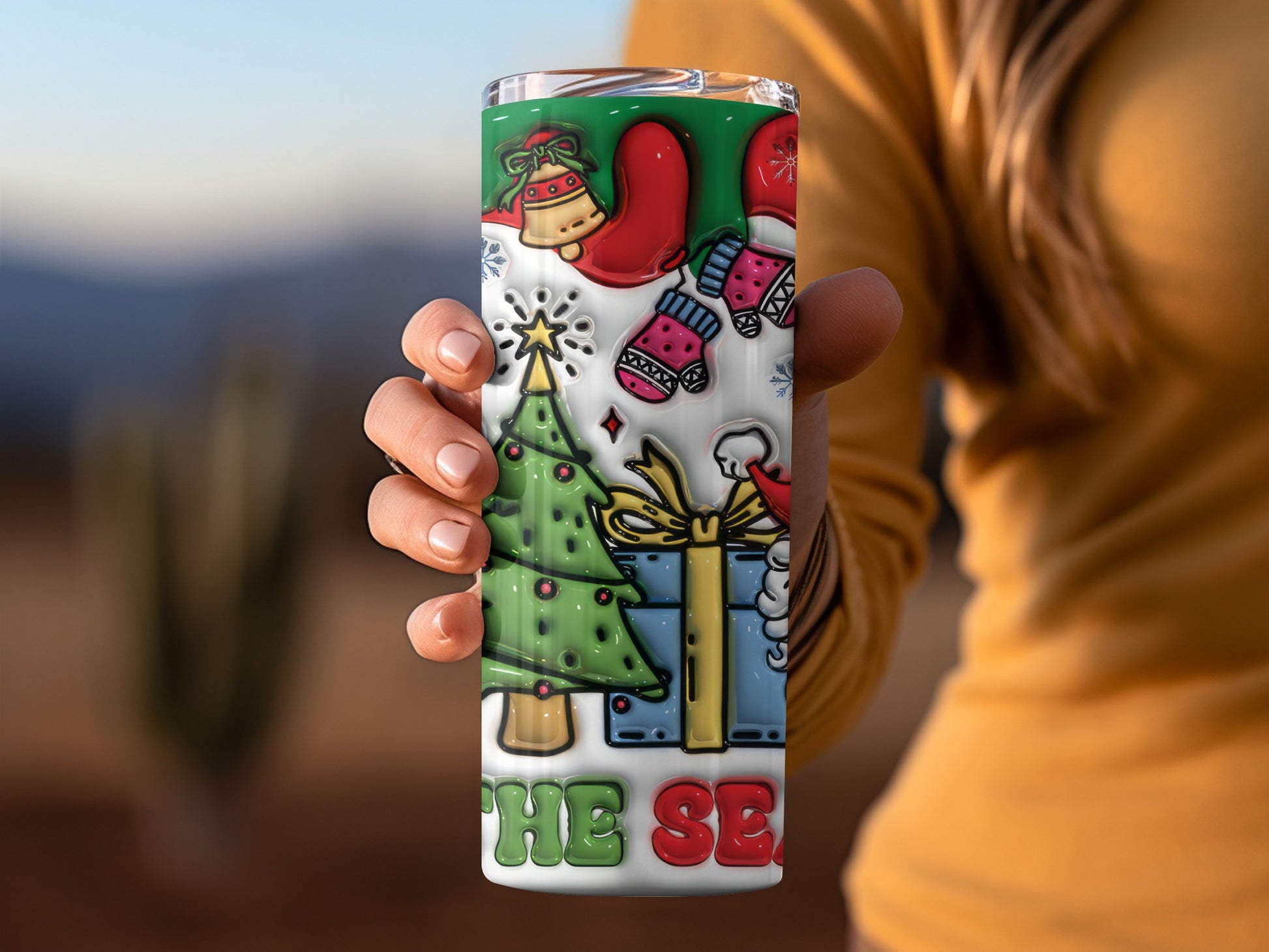 Festive Holiday Tumbler with Christmas Tree and Gifts