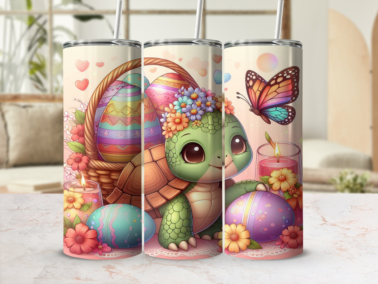 Easter tumbler with cute turtle, basket, eggs, flowers, and butterfly.
