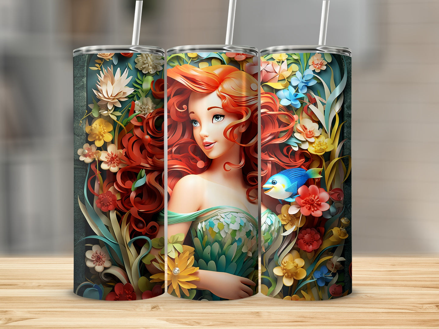 Colorful Mermaid and Floral Art Design Tumbler