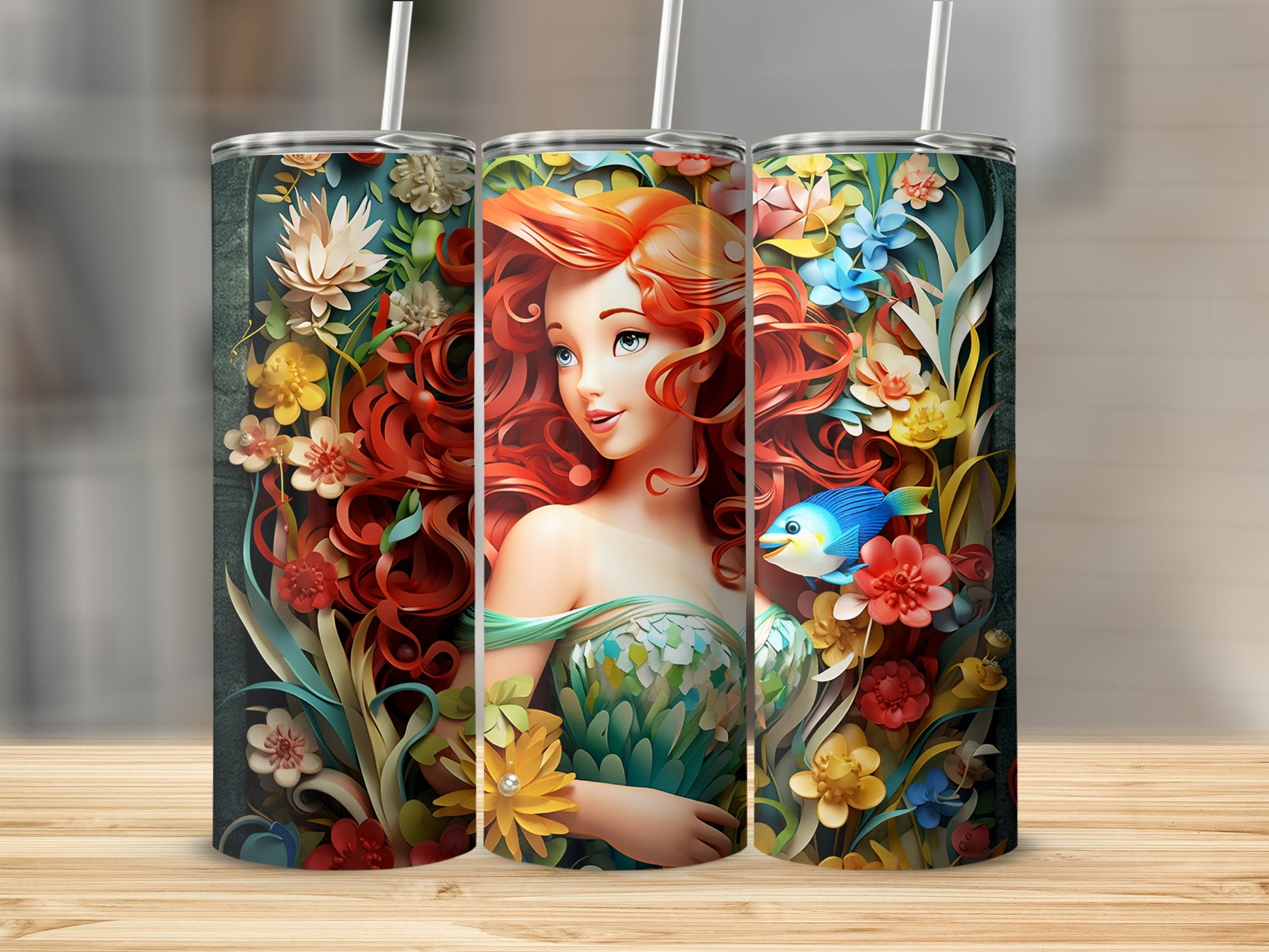 Colorful Mermaid and Floral Art Design Tumbler