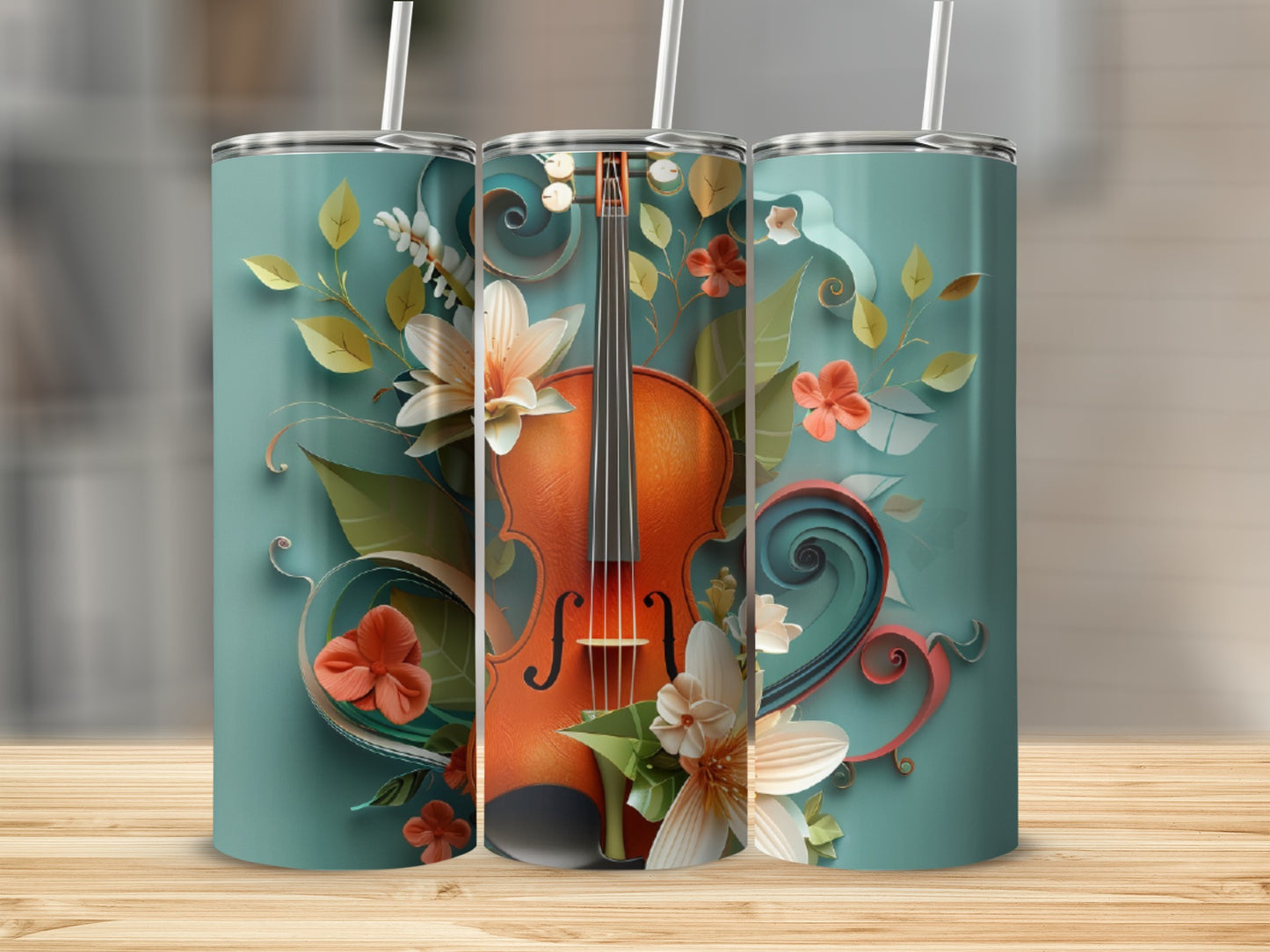 Violin with floral accents on a teal background.